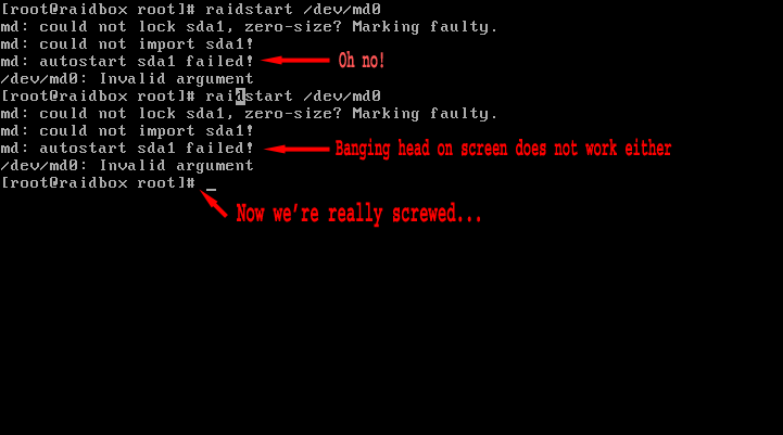 When first disk fails, RAID-5 will not start
